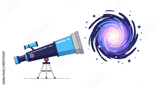Pixelated telescope observing a swirling purple and blue galaxy on a white background