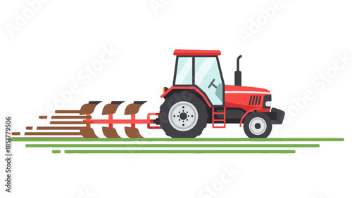 Red tractor pulling a brown moldboard plow across green ground stripes
