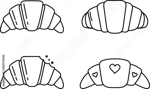 Set of four hand-drawn croissant outlines for coloring pages or bakery design elements