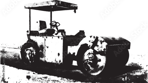 Roller machine for construction. Heavy industrial road equipment depicted in a black and white vector illustration set.