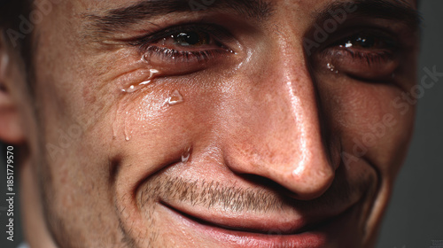 Smiling man hides pain behind joyful expression concept. A close-up of a man smiling despite tears, reflecting deep emotion.