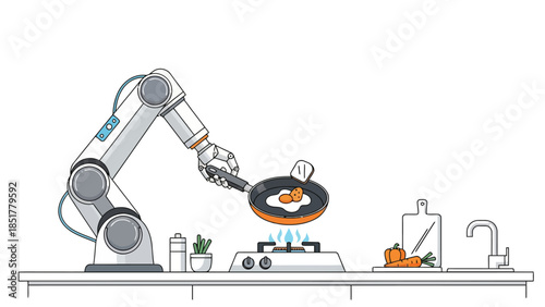 Robotic arm frying an egg in a pan over a gas stove