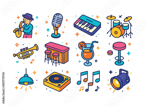 Musical Bar Icons. Bar performance. Colorful isometric vector ic
