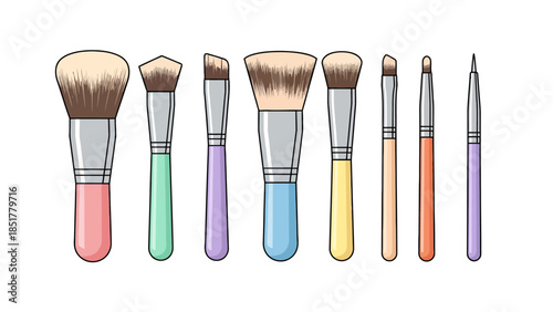 Row of nine stylized makeup brushes with colorful handles on a white background