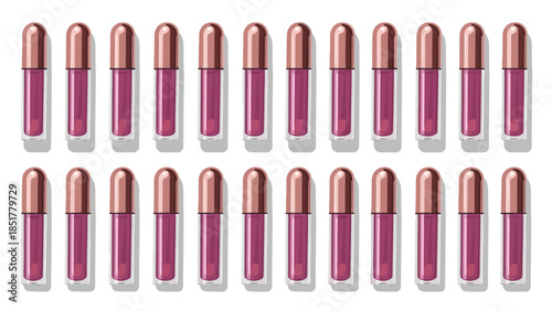 Rows of magenta lip gloss tubes with rose gold caps on a white background