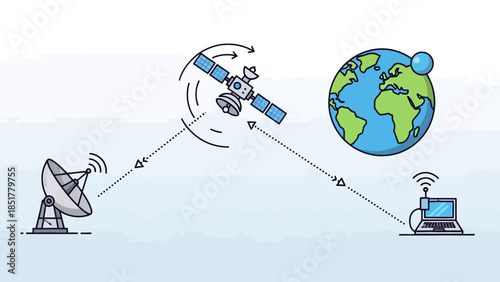 Satellite communication diagram showing ground station satellite Earth and client device