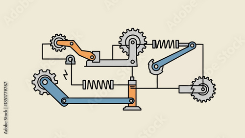 Schematic diagram of a mechanical linkage system with gears and springs