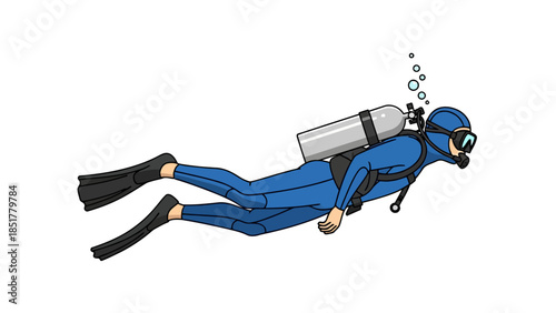 Scuba diver in blue wetsuit swimming with air tank and fins