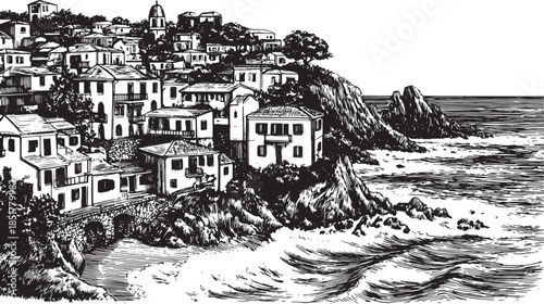 Coastal village and houses on a cliff overlooking the sea. Black and white vector illustration showing scenic views and architectural detail.