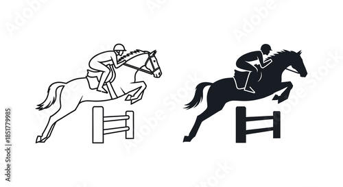 Horse and rider jumping over a fence depicted in both line art and silhouette
