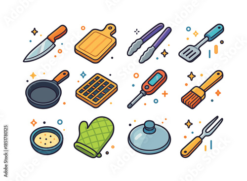 Colorful Kitchen Icon Set. Kitchen tools. Colorful isometric vec