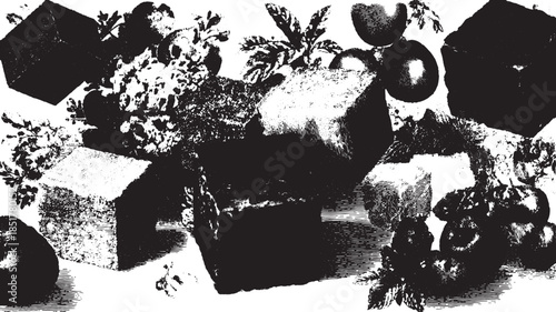 Cheese pyramid with vegetables. Black and white vector illustration featuring fresh produce arranged in a simple, natural set.