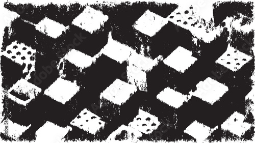 Monochrome cube pattern with retro graphic design. Flat vector illustration featuring distinct blocks and dots in a modern style.