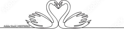 Continuous one line drawing of two swans forming a heart shape with their necks, minimalist romantic animal concept for Valentine’s Day, vector illustration