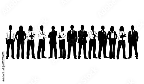 Standing business people silhouettes vector set with men and women corporate group isolated on transparent background
