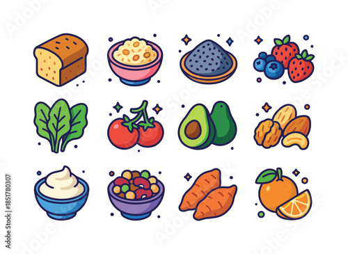 Colorful Wholesome Foods Icons. Wholesome foods. Colorful isomet