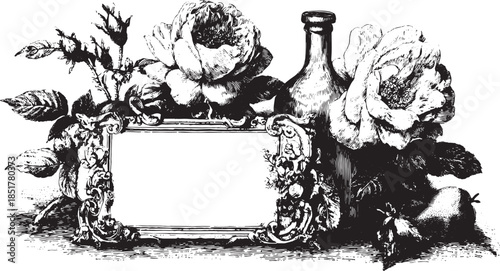 Illustration of botanical elements featuring flowers, a decorative frame, and a bottle. Elegant floral vector artwork in black and white.