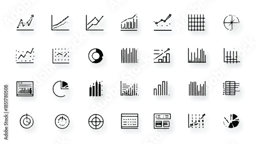 Collection of various business charts and graphs icons for data analysis and statistics