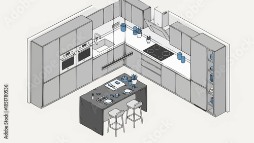 Modern Kitchen Design with Island and Appliances.