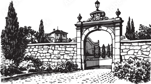 Vintage gate and wall vector illustration. Classic black and white design depicting an elegant entrance within a garden setting, featuring detailed architecture.