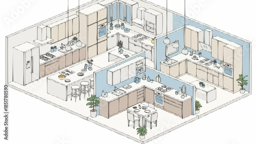 Detailed Isometric View of a Modern U-Shaped Kitchen Layout.
