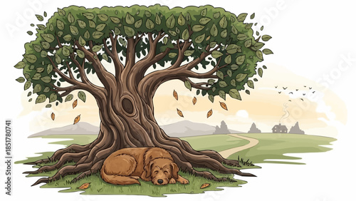 A loyal dog rests peacefully under the shade of a large ancient tree.