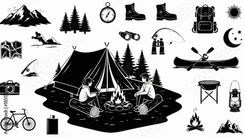 Camping scene with tent campfire and people enjoying outdoor activities.