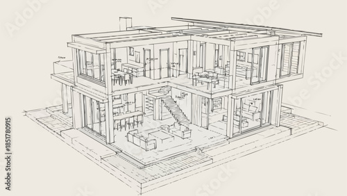Architectural Sketch of a Modern Two-Story House with Interior Details.
