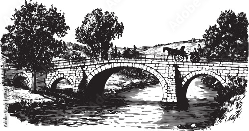 Bridge spanning a river with a horse-drawn cart. Vintage black and white vector illustration showcasing rural scenery and detailed nature elements.