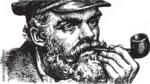 Man with a pipe and beard. Vintage black and white illustration showcasing a classic character with intricate details in a vector format.