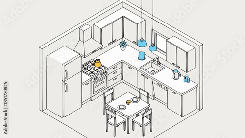Modern Kitchen Interior Design Isometric View with Appliances and Furniture.