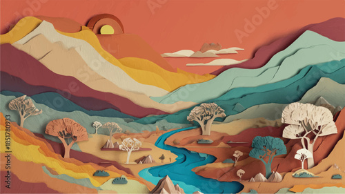 colorful layered landscape with river and trees