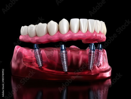 A 3D rendered model showcasing a full set of teeth supported by multiple dental implants.
