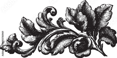 Floral design featuring intricate leaves and blooms. A detailed vector illustration showcasing ornamental elements in a sophisticated style.