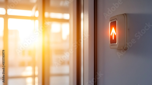 Illuminated arrow sign points upward, affixed to a wall. Bright sunlight streams through the nearby window, creating a warm, optimistic ambiance. A symbol of progress.