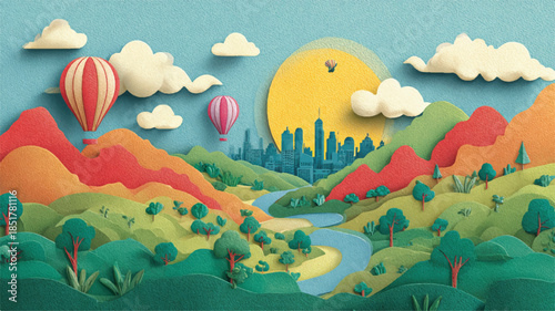 colorful paper cutout landscape with hot air balloons and city skyline in distance
