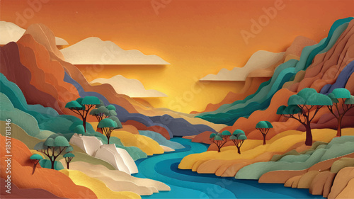 colorful paper cutout landscape with river and trees at sunset