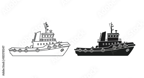 Two tugboats depicted in a black and white outline showcasing maritime transport silhouette
