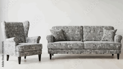 Elegant grey crushed velvet armchair and sofa set.