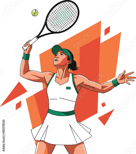 Female tennis player in white and green outfit preparing overhead strike with orange geometric background vector illustration.