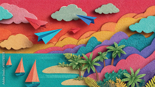 colorful paper cutout tropical island with palm trees and sailboats