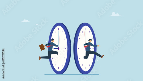 Businessman jump into clock to the future. Time management or time travel to the future, time flied fast to work deadline, productivity or efficiency, effort or work schedule, evolution.