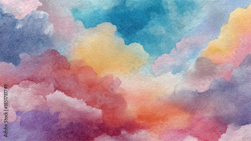 colorful watercolor painting of clouds in the sky with orange and blue hues