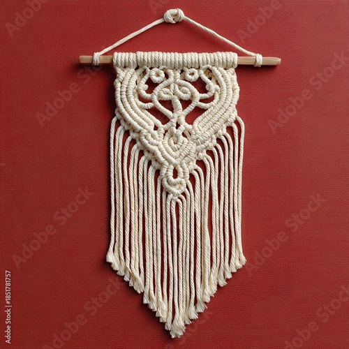 A detailed cream colored macrame wall hanging with a central geometric heart motif and a tasseled fringe hangs against a rich red textured background.