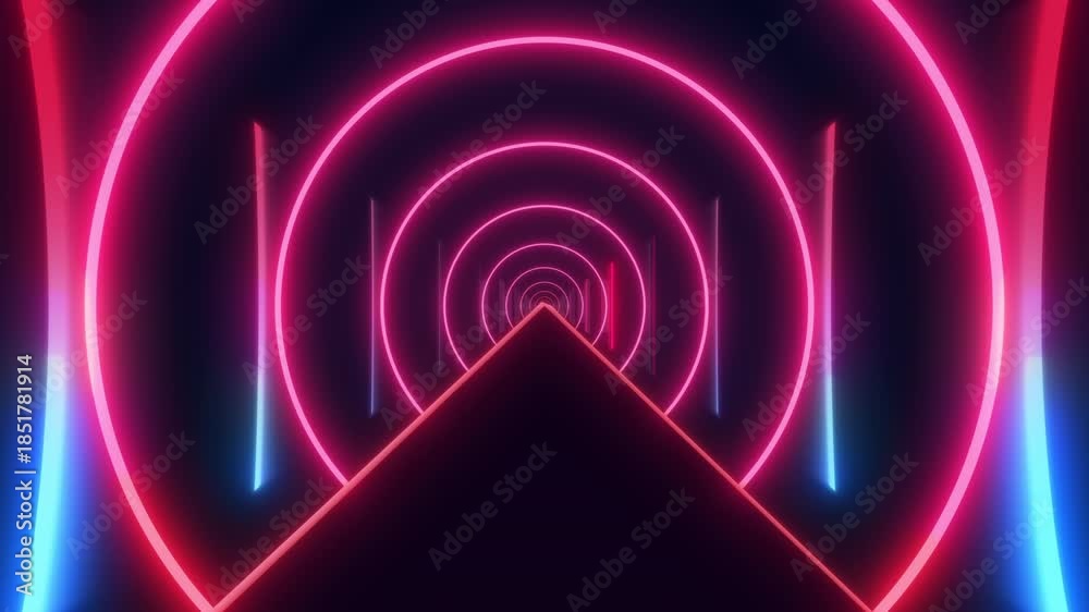 Neon red and blue glowing tunnel with circular light rings and deep ...