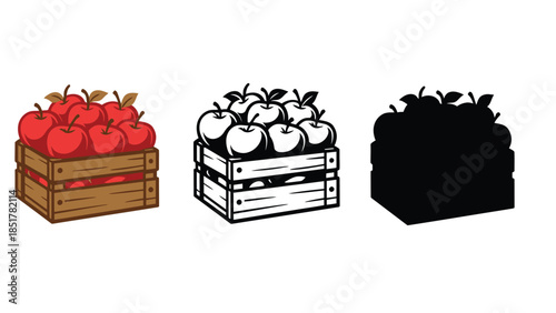 Three crates of apples displayed in different illustration styles