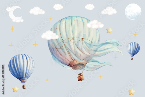 Vintage carousel set. Merry-go-round in retro style on isolated white background, hand drawing. Horse, Birthday Invitation Card. For designing cards and decorating baby shower. Baby Announcement.