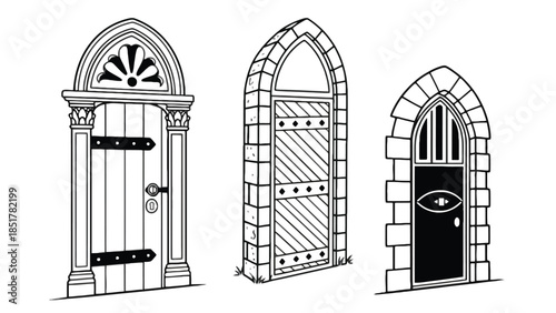 Three gothic style doors are depicted in a black and white illustration.