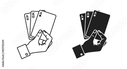 A hand holding playing cards featuring a king and aces in striking silhouette