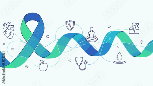 Abstract Health and Wellness Awareness Graphic Featuring a Flowing Ribbon Intertwined with Medical and Healthy Lifestyle Line Icons
